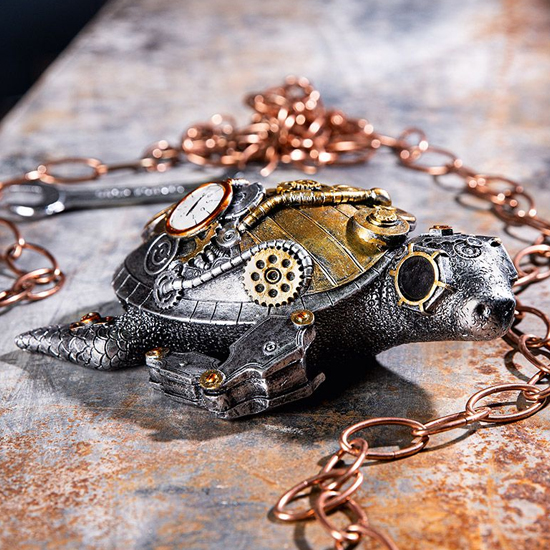 Read more about Ocala polyresin steampunk turtle sculpture in silver