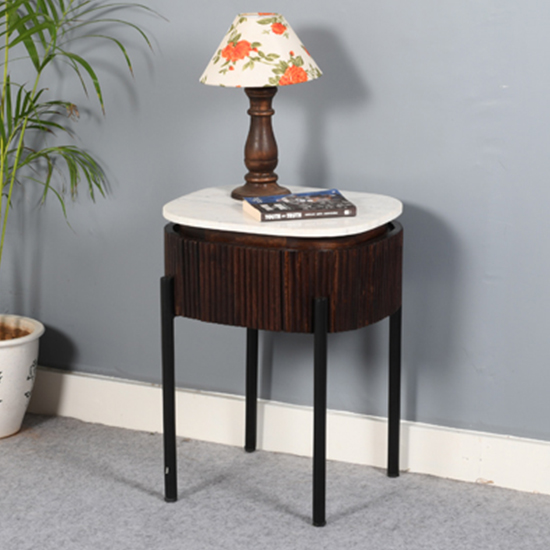 Read more about Ocala white marble and wood bedside table in dark mahogany