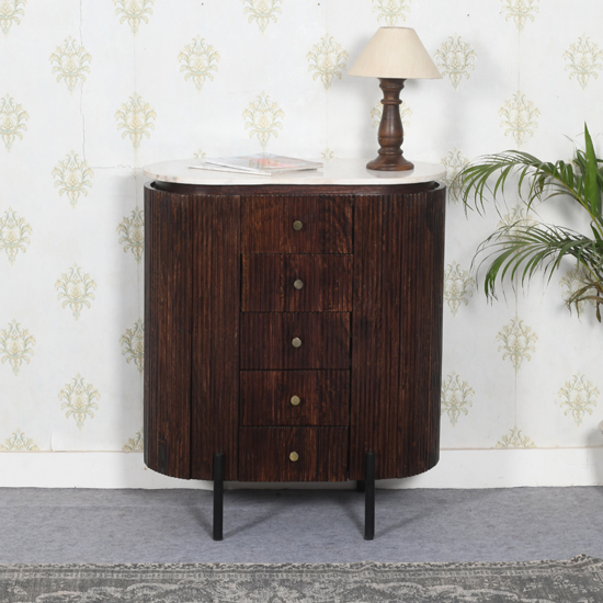Read more about Ocala white marble and wood chest of 5 drawers in dark mahogany