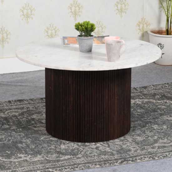 Read more about Ocala white marble and wood coffee table in dark mahogany