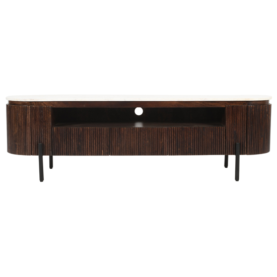 Ocala White Marble And Wood Large TV Stand In Dark Mahogany