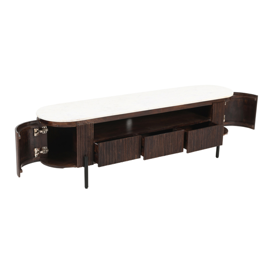 Ocala White Marble And Wood Large TV Stand In Dark Mahogany