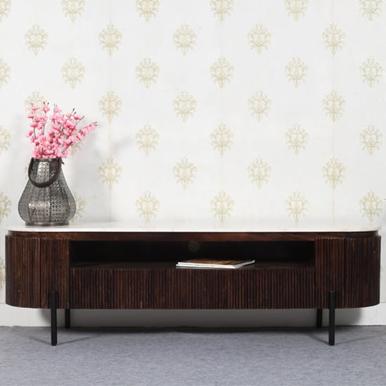 Read more about Ocala white marble and wood large tv stand in dark mahogany