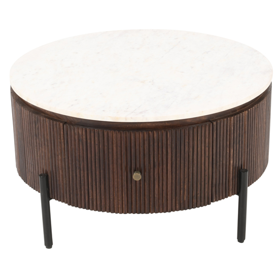 Ocala White Marble And Wood Round Coffee Table In Dark Mahogany