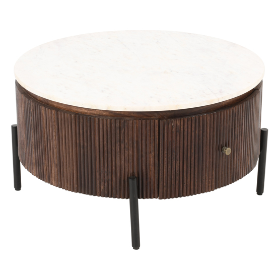 Ocala White Marble And Wood Round Coffee Table In Dark Mahogany