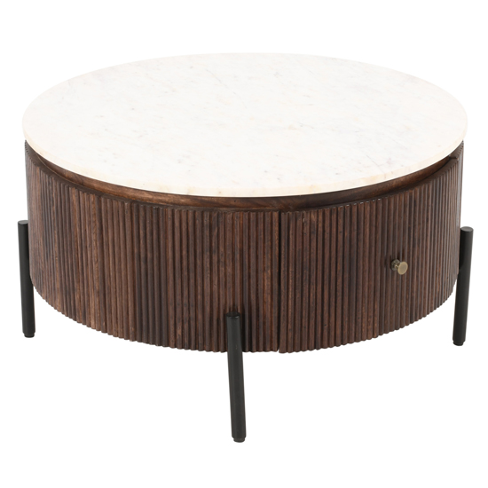 Ocala White Marble And Wood Round Coffee Table In Dark Mahogany