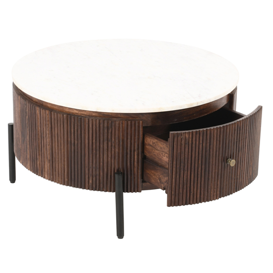 Ocala White Marble And Wood Round Coffee Table In Dark Mahogany