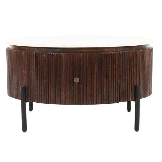 Ocala White Marble And Wood Round Coffee Table In Dark Mahogany