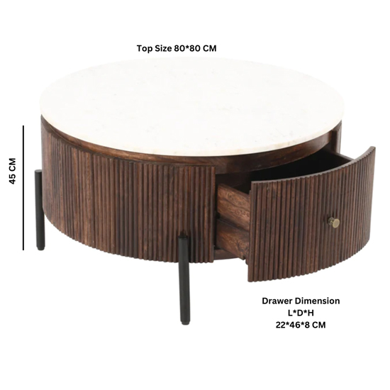 Ocala White Marble And Wood Round Coffee Table In Dark Mahogany