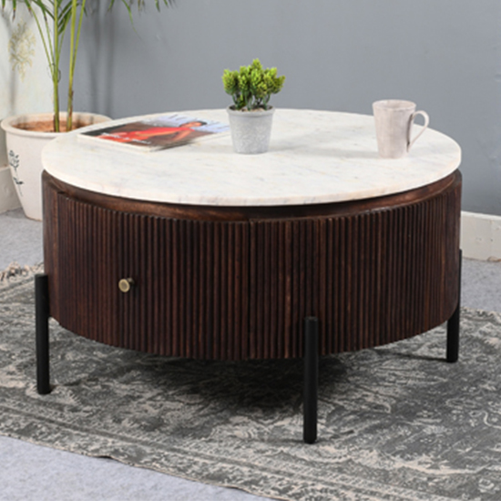 Read more about Ocala white marble and wood round coffee table in dark mahogany