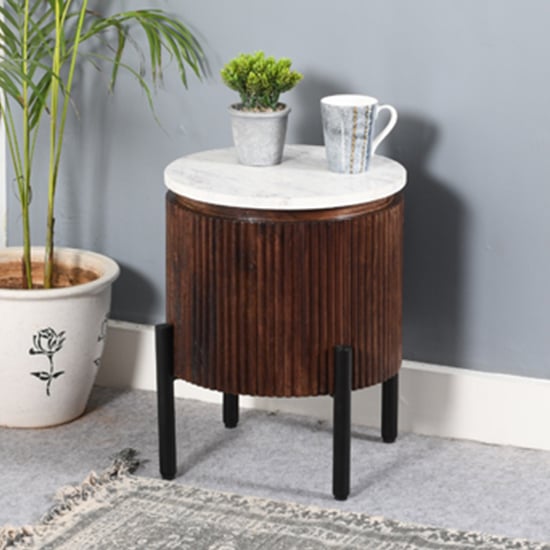 Read more about Ocala white marble and wood side table in dark mahogany
