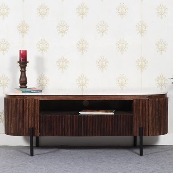 Read more about Ocala white marble and wood tv stand in dark mahogany