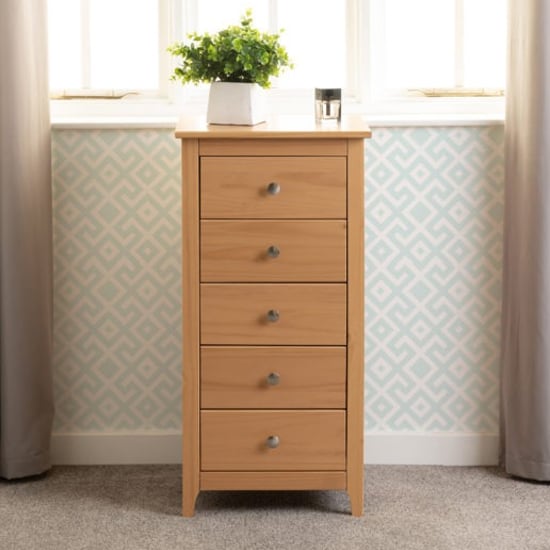 Product photograph of Ocala Wooden Chest Of 5 Drawers Narrow In Antique Pine from Furniture in Fashion