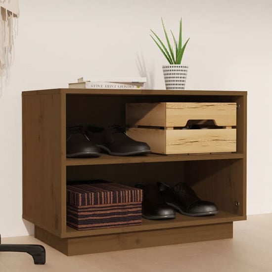 Product photograph of Ochoa Solid Pinewood Shoe Storage Bench In Honey Brown from Furniture in Fashion