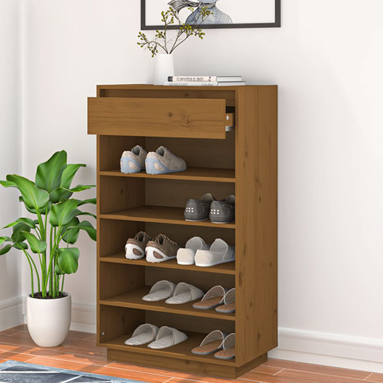 Ochoa Solid Pinewood Shoe Storage Rack In Honey Brown