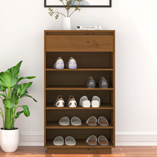 Photo of Ochoa solid pinewood shoe storage rack in honey brown