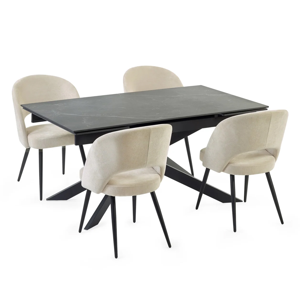 Ocoee Black Ceramic Top Extending Dining Table With 4 Erie Beige Chairs