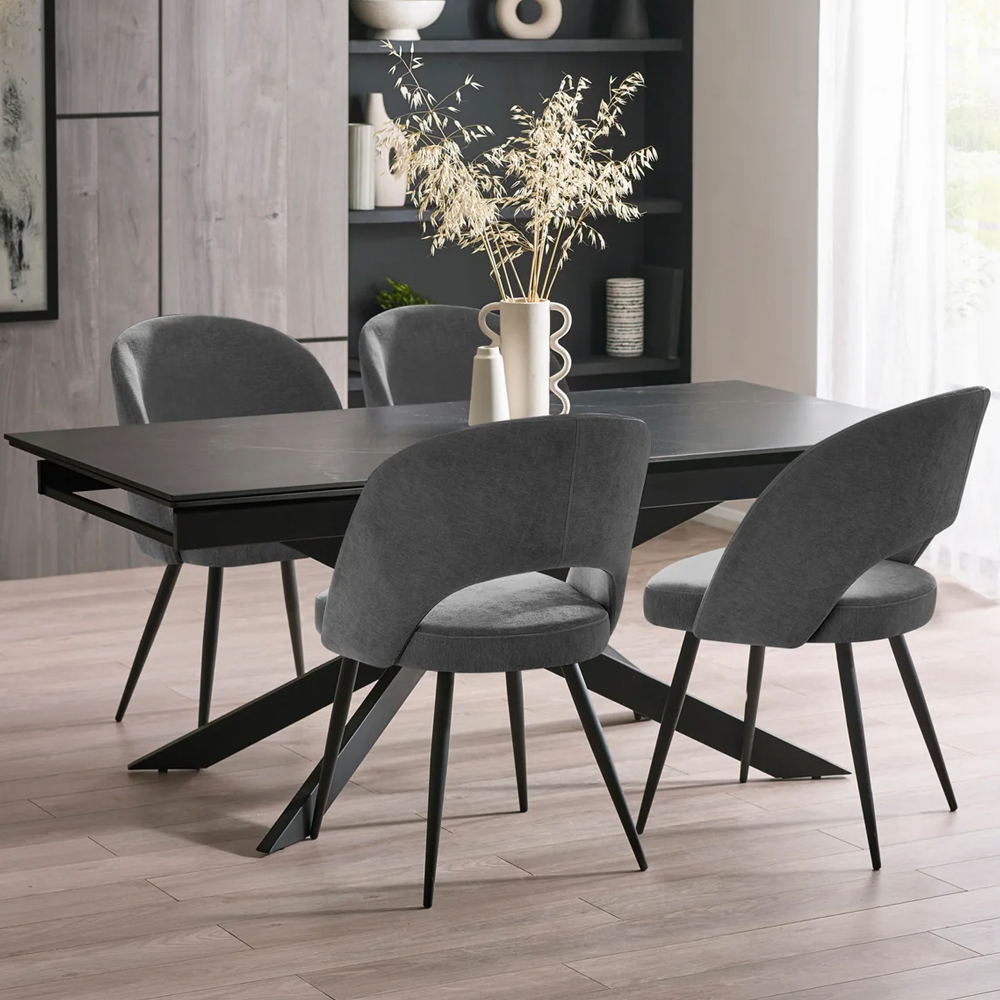 Ocoee Black Ceramic Top Extending Dining Table With 4 Erie Grey Chairs