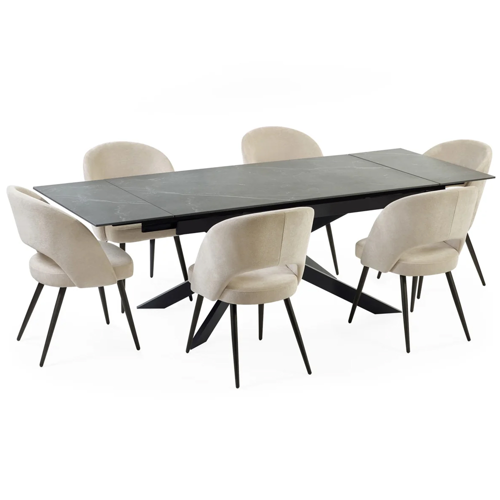 Ocoee Black Ceramic Top Extending Dining Table With 6 Erie Beige Chairs