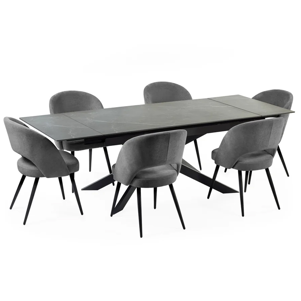 Ocoee Black Ceramic Top Extending Dining Table With 6 Erie Grey Chairs