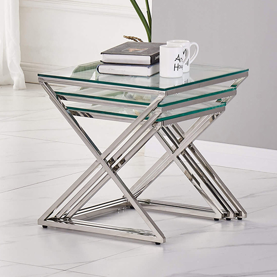 Odell Clear Glass Nest Of 3 Tables With Silver Frame