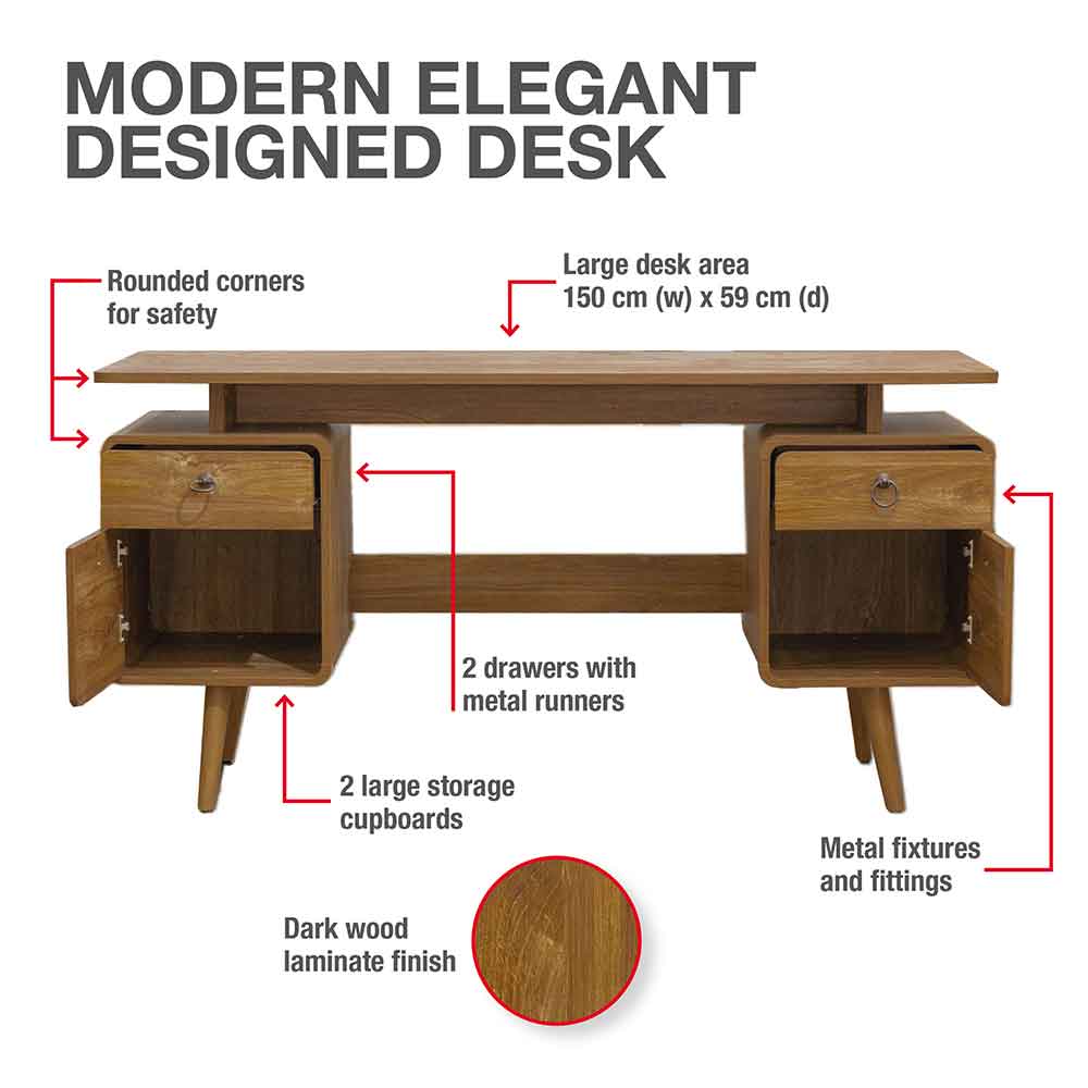 Odenton Wooden Laptop Desk With 2 Doors And 2 Drawers - Walnut