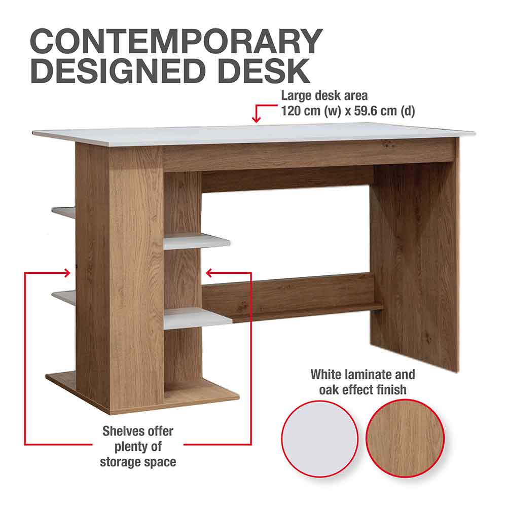 Odenton Wooden Laptop Desk With 2 Shelves - White And Oak