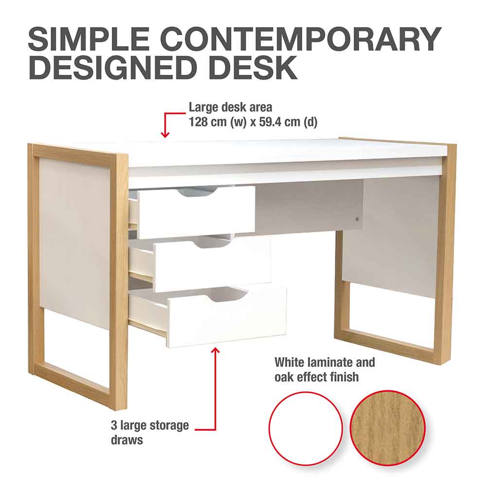 Odenton Wooden Laptop Desk With 3 Drawers - White And Oak
