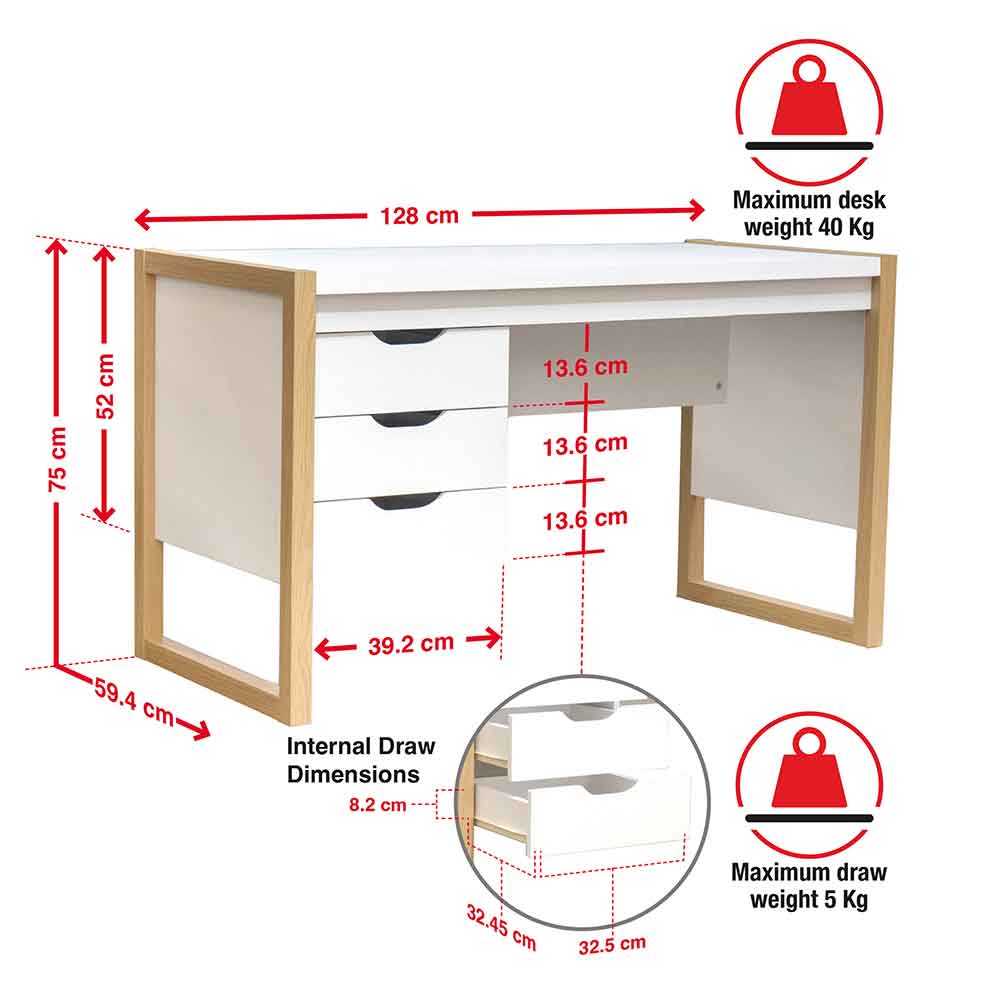 Odenton Wooden Laptop Desk With 3 Drawers - White And Oak