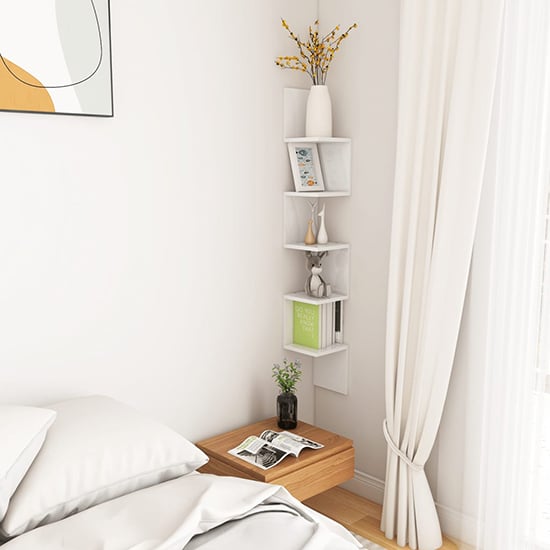 Photo of Odierne corner high gloss wall shelf in white