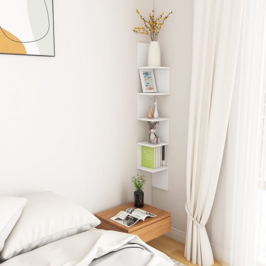 Photo of Odierne corner wooden wall shelf in white
