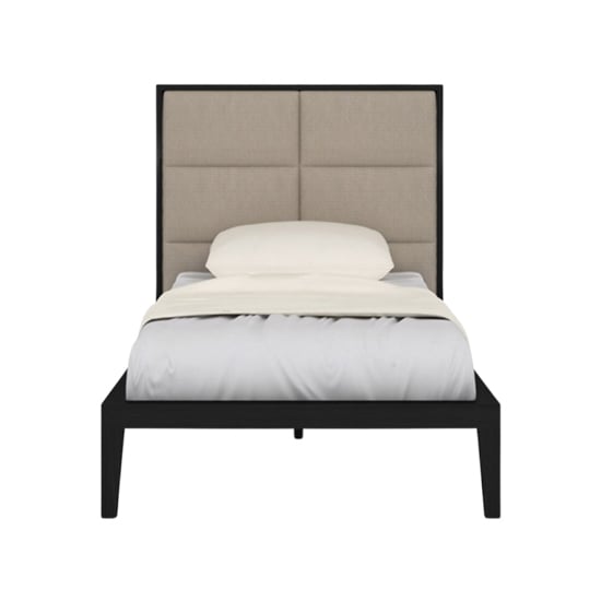 Photo of Ogen single bed in wenge with beige fabric headboard