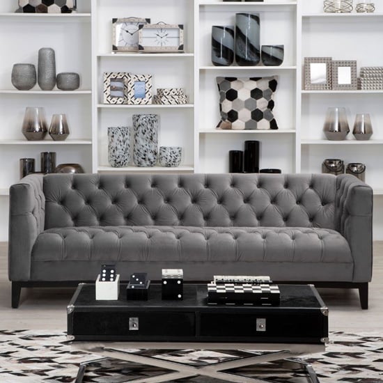 Photo of Okab upholstered velvet 3 seater sofa in grey