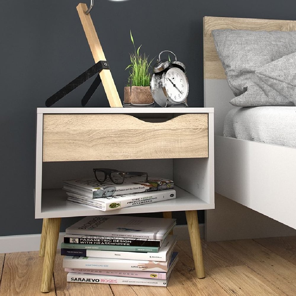 Read more about Okla wooden bedside table with 1 drawer in white and oak