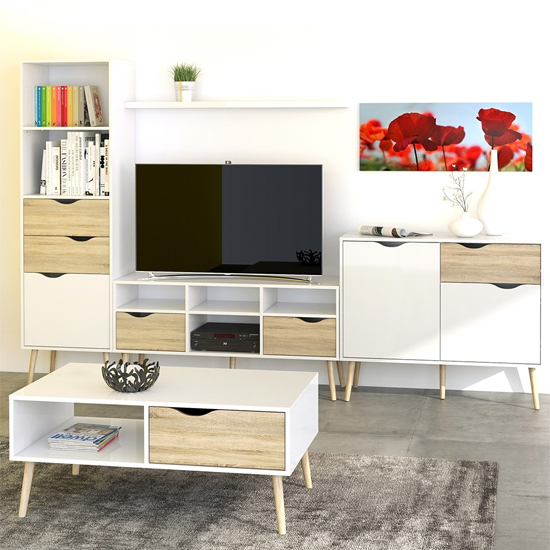 Oklo Wooden Bookcase With 1 Door 2 Drawers In White And Oak
