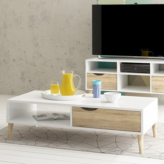 Photo of Oklo 1 drawer wooden storage coffee table in white and oak