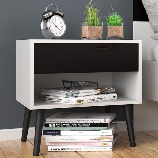 Product photograph of Oklo Wooden 1 Drawer Bedside Cabinet In White And Matt Black from Furniture in Fashion