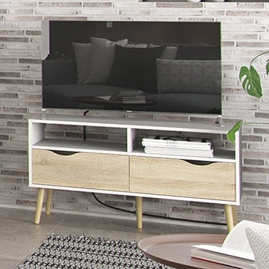 Photo of Oklo wooden 2 drawers 2 shelves tv stand in white and oak