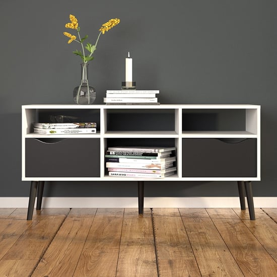 Read more about Oklo wooden 2 drawers 4 shelves tv stand in white and matt black