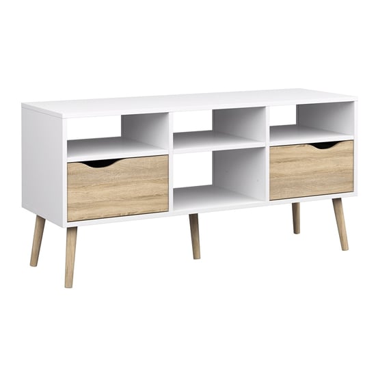 Oklo Wooden TV Stand With 2 Drawers 4 Shelves In White And Oak