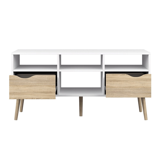 Oklo Wooden TV Stand With 2 Drawers 4 Shelves In White And Oak