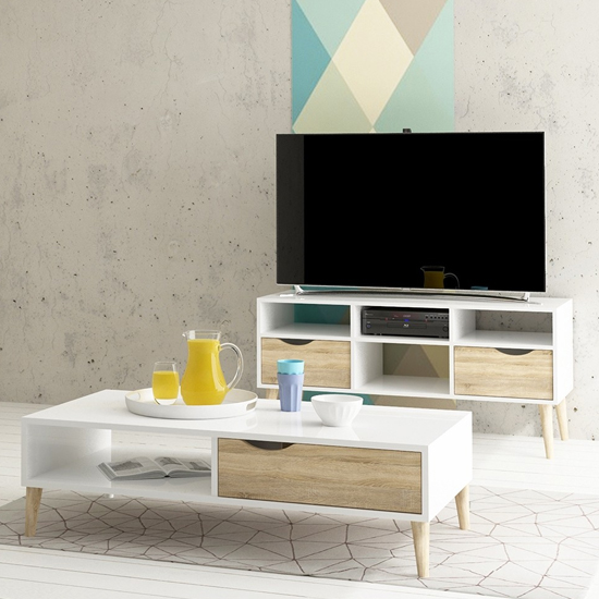 Oklo Wooden TV Stand With 2 Drawers 4 Shelves In White And Oak