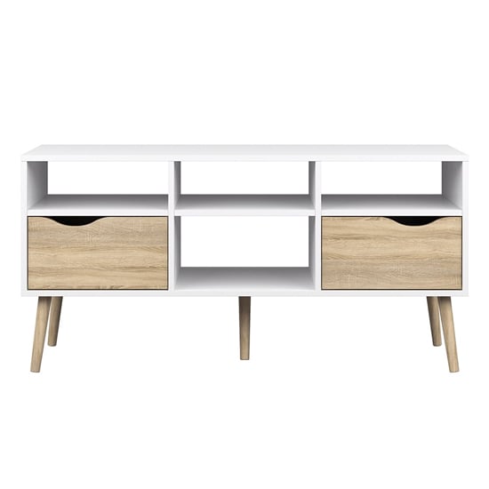 Oklo Wooden 2 Drawers 4 Shelves TV Stand In White And Oak
