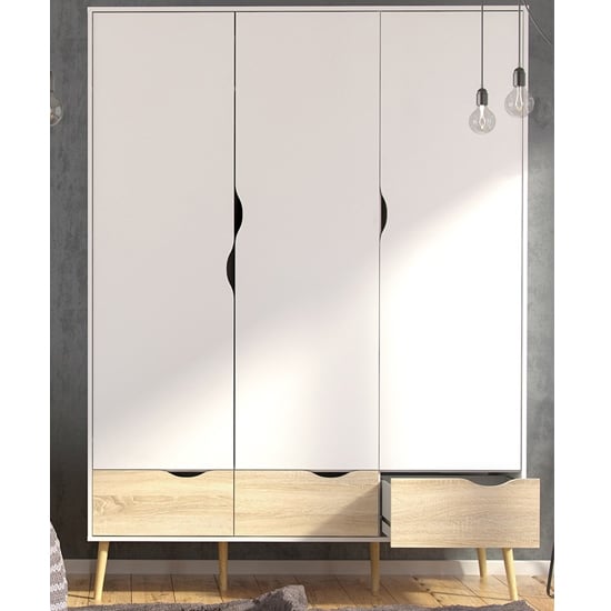 Product photograph of Oklo Wooden 3 Doors 3 Drawers Wardrobe In White And Oak from Furniture in Fashion