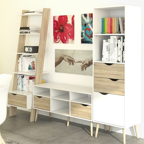 Oklo Wooden Bookcase With 1 Drawer In White And Oak