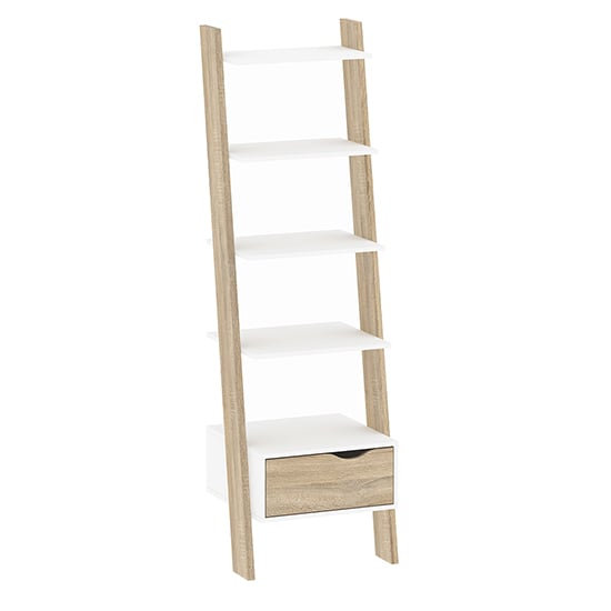 Read more about Oklo leaning 1 drawer bookcase in white and oak