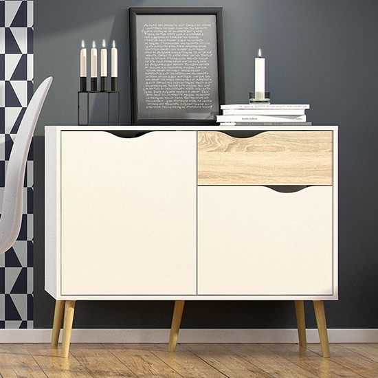 Photo of Oklo small 2 doors 1 drawer sideboard in white and oak