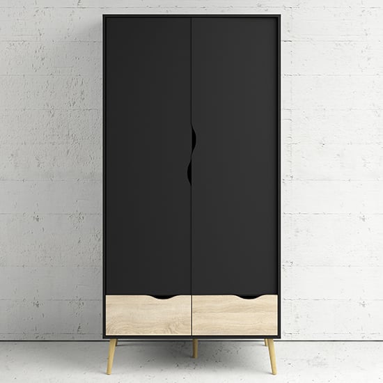 Product photograph of Oklo Wooden Wardrobe With 2 Doors 2 Drawers In Black And Oak from Furniture in Fashion