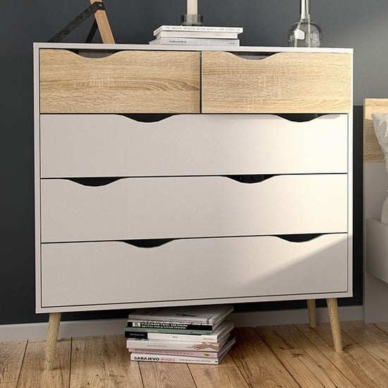 Product photograph of Oklo Wooden Chest Of 5 Drawers In White And Oak from Furniture in Fashion