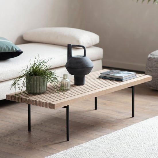 Product photograph of Okonma Wooden Coffee Table With Metal Legs In Oak from Furniture in Fashion